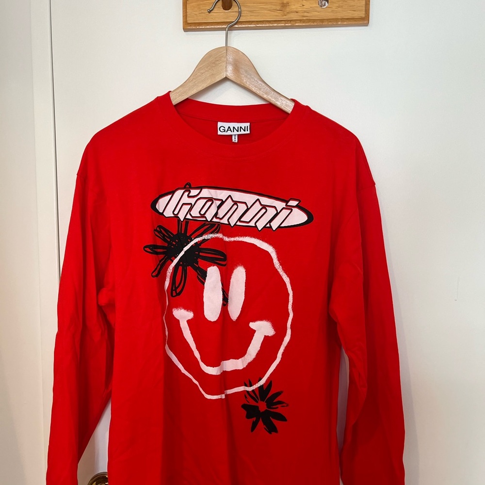 Ganni Red Long Sleeve Tee with Graphic Design